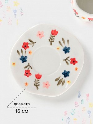 Чайная пара Доляна «Цветочная россыпь», чашка 300 мл, блюдце d=16 см, ручная роспись, керамика, белая