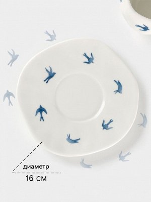 Чайная пара Доляна «Ласточки», чашка 300 мл, блюдце d=16 см, ручная роспись, керамика, белая
