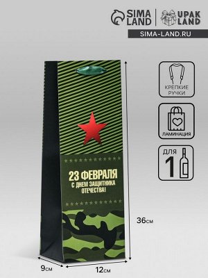 Пакет ламинированный под бутылку «23 Февраля»,13x36x10 см