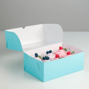 Коробка на 6 капкейков с окном, голубая, 25 х 17 х 10 см