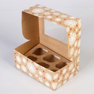 Коробка на 6 капкейков "Снежинки", с окном, 25 х 17 х 10 см