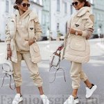 Костюм тройка: удлинённая жилетка+толстовка с  капюшоном+штаны, бежевая