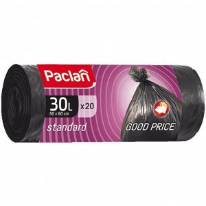 Мешки для мусора 30л Paclan "Standard" ПНД, 50*60см, 7,3мкм, 20шт., черные, в рулоне