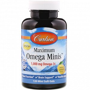 Carlson Labs, Maximum Omega Minis, с натуральным вкусом лимона, 1000 мг, 120 мини-желатиновых капсул