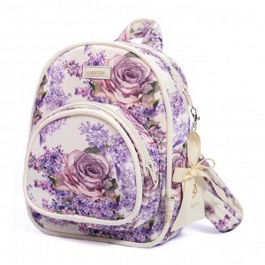 Рюкзак, с карманом, с сиреневыми цветочками, молочный