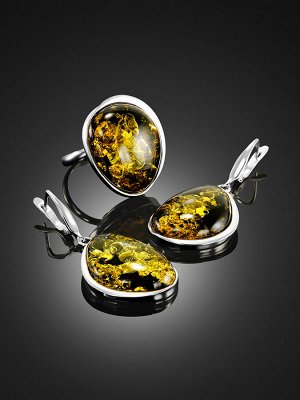Красивые серьги из натурального искрящегося зелёного янтаря «Лагуна»