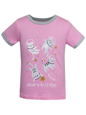 Розовая футболка с котиками в космосе для девочки (16690)