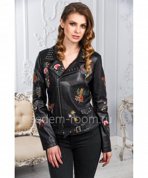 Женская кожаная куртка черного цвета с вышивкойАртикул: AL-2917-CH