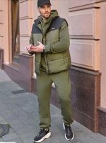 Костюм трикотажный утепленный на флисе + жилетка стеганая утепленная на молнии, зеленый хаки