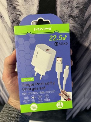 Сетевое зарядное устройство Maimi T101 1*USB 22.5W + Кабель Type-C 1,0м Быстрая зарядка