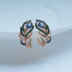 Серьги перышки ювелирная бижутерия Дубайское золото, с покрытием позолотой, вставка: фианит, цвет: синий и зеленый, арт.314.009