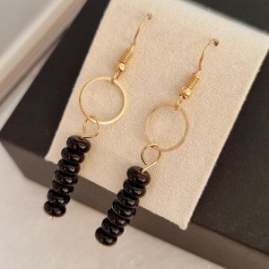 Серьги длинные с натуральным камнем черный Агат, 1045, арт.218.138