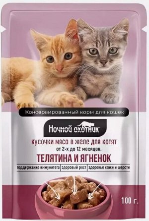 Пакет дой-пак "Ночной охотник" 100 гр. котята телятина/ягненок желе 1/24