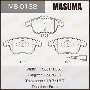 Колодки тормозные дисковые Masuma передние, комплект на ось (4 шт), арт. MS-0132
