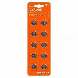 Батарейка щелочная Airline, AG13 / G13 / RW82 / LR1154 / LR44 (Ø11.6x5.4мм), 1.5В, 10 шт, арт. AG13-10