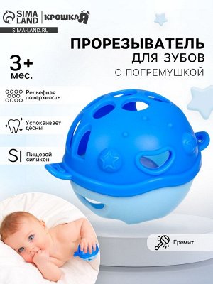 Прорезыватель силиконовый для зубов с погремушкой Крошка Я «Рыбка», 10,5х11х8см,в кейсе, синий