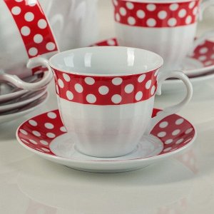 Сервиз чайный Доляна «Горох»,13 предметов на подставке: 6 чашек 210 мл, 6 блюдец, чайник, цвет красный