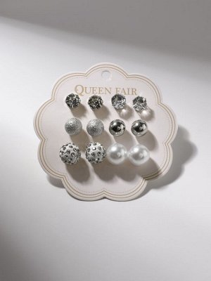 Серьги пусеты QF «Жемчужные», 6 пар, минимал d=8-11 мм, белые в серебре