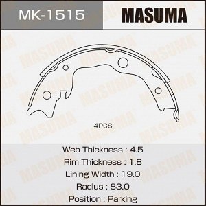 Колодки тормозные барабанные Masuma стояночного тормоза, комплект на ось (4 шт), арт. MK-1515