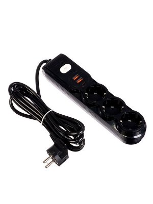 Удлинитель сетевой, 3 розетки, 3 м, 1300 Вт, 3x0.75 мм2, 2 USB-A, USB-C, 2.1 А, с заземлением, с выключателем, чёрный