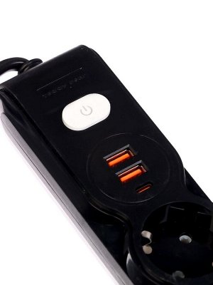 Удлинитель сетевой, 3 розетки, 3 м, 1300 Вт, 3x0.75 мм2, 2 USB-A, USB-C, 2.1 А, с заземлением, с выключателем, чёрный