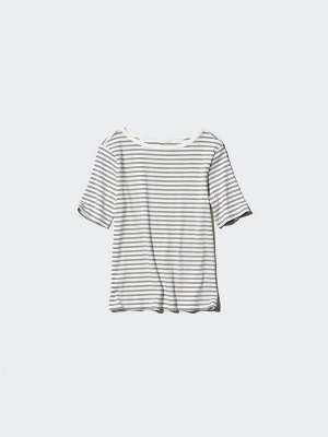 UNIQLO - хлопковая футболка в полоску с рукавом 3/4 - 01 OFFWHITE