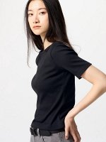 UNIQLO - хлопковая футболка в рубчик с рукавом 3/4 - 09 BLACK