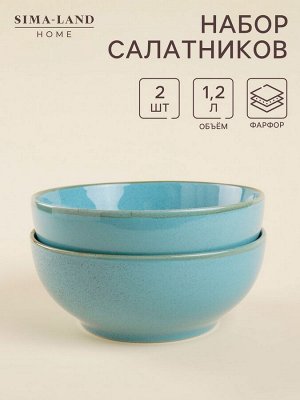 Набор мисок фарфоровых SL Home «Аззура», 1.2 л, d=18.5 см, голубой