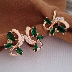 Комплект ювелирной бижутерии Дубайское золото, покрытие позолота, серьги и кольцо 17 р, вставка: фианиты, цвет: зеленый и прозрачный, арт.213.342-17