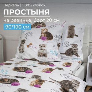 Простыня на резинке 090*190 см, перкаль, детская расцветка (Пушистики)