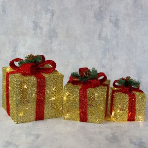 Светодиодная фигура «Подарки с красной лентой» 15, 20, 25 см, текстиль, металл, 220 В, свечение тёплое белое