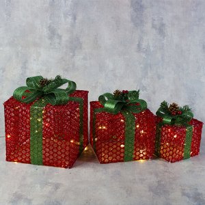 Светодиодная фигура «Подарки с зелёной лентой» 15, 20, 25 см, текстиль, металл, 220 В, свечение тёплое белое