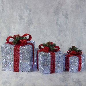 Светодиодная фигура «Подарки с красной лентой» 15, 20, 25 см, текстиль, металл, 220 В, свечение белое