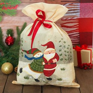 Мешок для подарков "На катке" Дед Мороз и Снеговик. на завязках