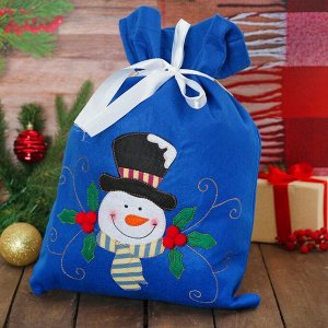 Мешок для подарков "Снеговик в шляпе" на завязках, цвет синий
