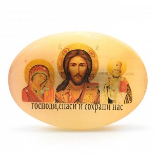 Икона из селенита на липучке №1 "Б.М.Казанская Иисус и Николай Чудотворец" 72*50мм.