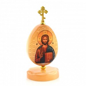 Яйцо из селенита на подставке с крестом "Иисус Господь Вседержитель" 47*47*105мм
