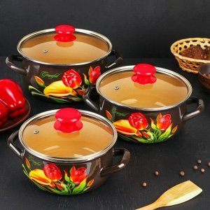 Набор кастрюль 3 шт, (1.5 л, 2 л, 3 л), сфер, эмаль. сталь, корич, ГРАЦИОЗНЫЙ-ЭКСТРА