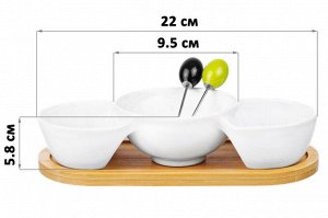 Менажница "Айсберг" 22x9,5x5,8 см, глубокая, 3 секции, с 2 шпажками и деревянной подставкой