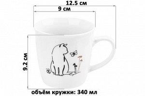 Кружка 340 мл "Кот и Бабочка" из новой фарфоровой посуды (NEW BONE CHINA), 12,5 х 9 х 9,2 см