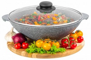 Сковорода ВОК 28 см с крышкой ГАРМОНИЯ ВКУСА "Серый мрамор", объем 3 л, размеры 33,5*29,5*13,5 см