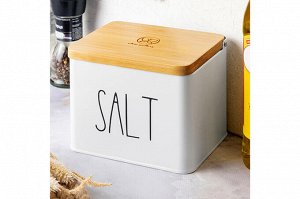 Емкость для хранения 1,5 л с деревянной крышкой "SALT", белая, 14x11x11 см