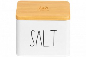 Емкость для хранения 1,5 л с деревянной крышкой "SALT", белая, 14x11x11 см
