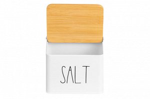 Емкость для хранения 1,5 л с деревянной крышкой "SALT", белая, 14x11x11 см