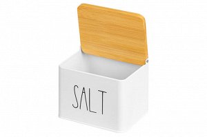 Емкость для хранения 1,5 л с деревянной крышкой "SALT", белая, 14x11x11 см