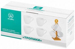 Набор кружек 350 мл 'Тропики' на деревянной подставке (4 шт.)