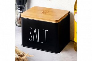 Емкость для хранения 1,5 л с деревянной крышкой "SALT", черная, 14x11x11 см