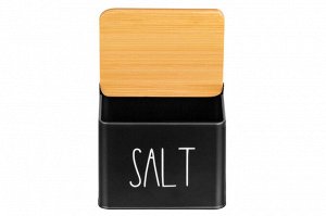Емкость для хранения 1,5 л с деревянной крышкой "SALT", черная, 14x11x11 см
