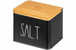 Емкость для хранения 1,5 л с деревянной крышкой "SALT", черная, 14x11x11 см