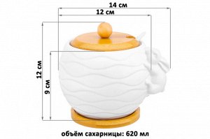 Сахарница "Кролик" с ложкой и деревянной крышкой, 620 мл, 12x12x12 см, на деревянной подставке